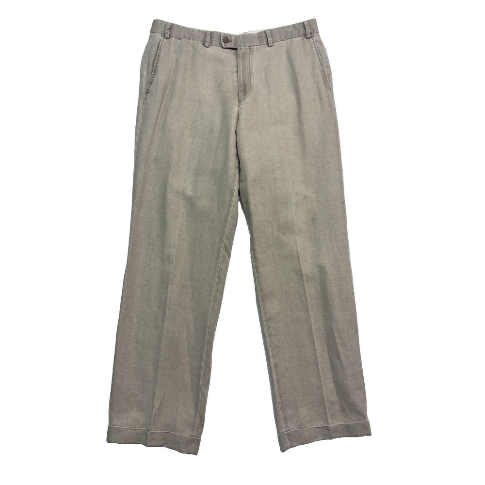 Hiltl 36x30 Beige Linen Cotton Washed Trousers Dress Pants Flat Front Cuffed